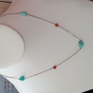 Turquoise and Amber Silvertone Necklace 18-in Vintage